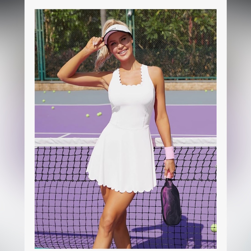 ATTRACO scalloped sleeveless tennis dress, size: M, color: white